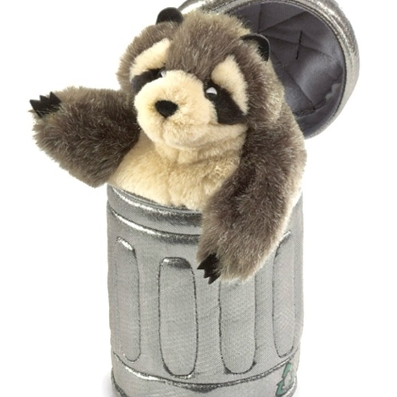 Folkmanis Plush Raccoon In Trash Can Puppet Recycle 10in - Picture 1 of 11